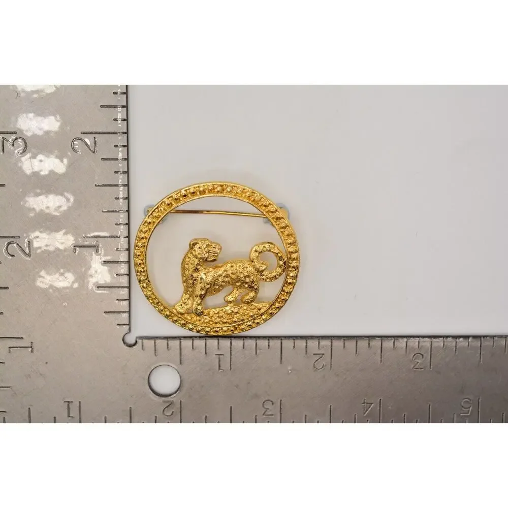 Vintage Leopard Pin Brooch Gold Wild Cat Jungle Antiqued Gold Tone 1980s 9B